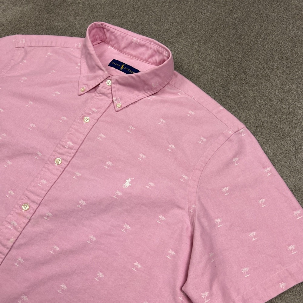 Ralph Lauren Shirt Mens 2XL Pink Short Sleeve Button Down AOP Palm Trees Oxford